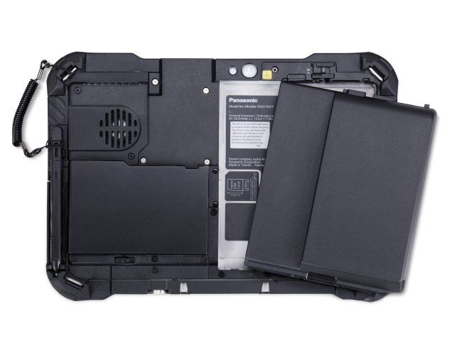 Das Bild zeigt das neue Panasonic Toughbook FZ-G2 mit geöffnetem Korpus. Man sieht den Hersteller und das Innenleben.